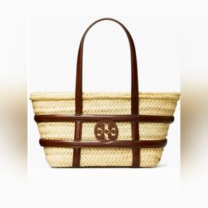 Tory Burch  Ella Tote Straw Basket Bag Small With Green Dust Bag NWT